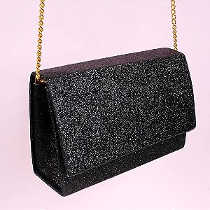 Bolsa Feminina Clutch Festa Glitter Alça De Correntes PRETA BCB202