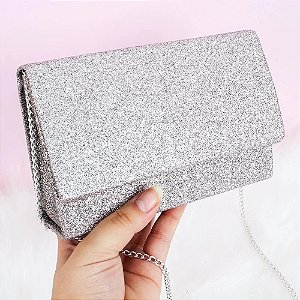 Bolsa Feminina Clutch Festa Glitter Alça De Correntes PRATA