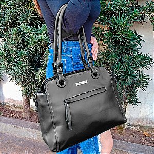 Bolsa Totem Estruturada Feminina Detalhes Metálicos Alça Dupla PRETA