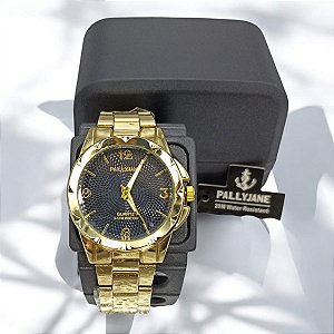 RELOGIO FEMININO DOURADO FUNDO PRETO WATER RESISTANT BCR123