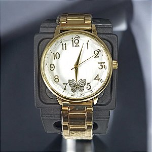 RELOGIO FEMININO DOURADO FUNDO COM BORBOLETA BCR133