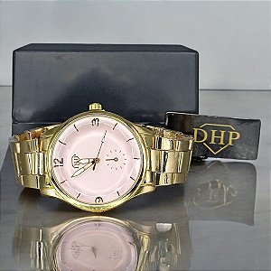 RELOGIO FEMININO DHP DOURADO COM FUNDO ROSA BCR129