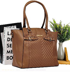 Bolsa Feminina Grande Detalhada Alça De Mão 4 Repartições U / MARROM ESCURO