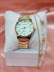 Kit Relógio e Pulseira Dourada com strass e borboleta Pallyjane BCR145