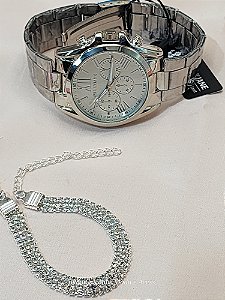 Kit Relógio Pallyjane Prateado com Pulseira de stress BCR150