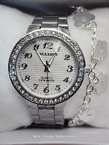 Kit Relógio Pallyjane Prateado com strass e Pulseira detalhe flor BCR148