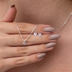 Colar e brincos ponto de luz coração Prata pura BCJ406