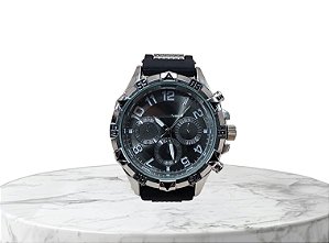 Relógio Masculino Preto Com Prata Correia Silicone BCRM119