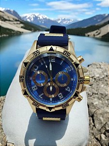 Relogio masculino pulseira de silicone azul com bisel dourado BCRM114