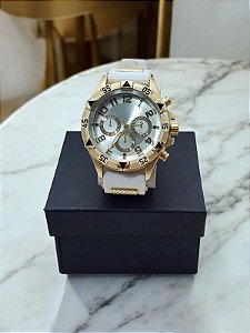 Relogio masculino pulseira de silicone branca com bisel dourado BCRM113