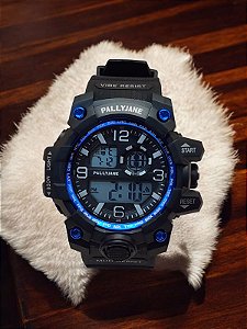 Relogio masculino pulseira de silicone preto e detalhes em azul com alarme calendário e luz BCRM06