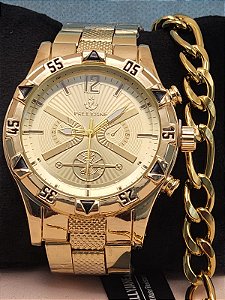 Relogio masculino de aço inoxidável dourado com corrente BCRM01