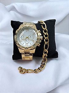 Relogio masculino de aço inoxidável dourado com fundo claro e corrente BCRM02