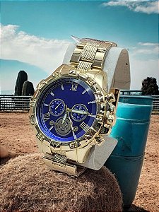Relogio masculino de aço inoxidável dourado com fundo azul e corrente BCRM03
