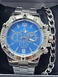 Relogio masculino de aço inoxidável prateado com fundo azul e corrente BCRM04