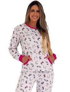 Pijama feminino flanelado gatos bolso canguru
