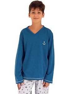 Pijama infantil masculino flanelado bordado âncora