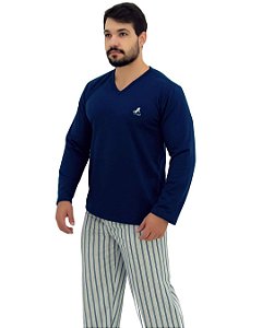 Pijama masculino flanelado blusa marinho com bordado