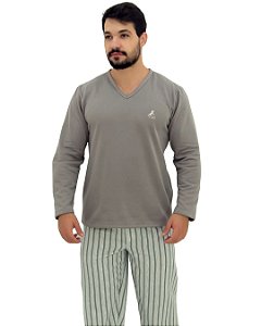 Pijama masculino flanelado blusa cinza com bordado