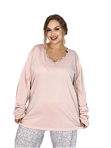 Pijama Moletinho Plus Size com Decote V de Renda