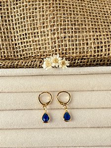 BRINCO ARGOLA COM GOTA PENDENTES AZUL BANHADO A OURO