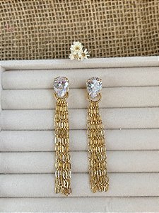 BRINCO CASCATA COM GOTA DE CRISTAL BANHADO A OURO