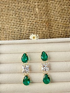 BRINCO GOTA TURMALINA VERDE E ZIRCÔNIA QUADRADA CRISTAL BANHADO A OURO