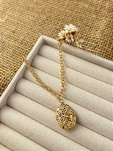 PULSEIRA ELO PORTUGUES E PINGENTE RELICÁRIO BANHADA A OURO