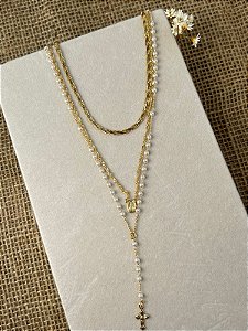 MIX DE COLARES COM TERÇO BANHADO A OURO