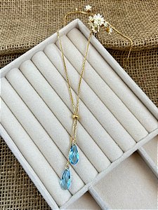 COLAR MAXI GRAVATA COM GOTAS AZUIS BANHADO A OURO