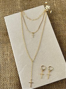 CONJUNTO MIX DE COLARES E BRINCO CRUZ BANHADO A OURO