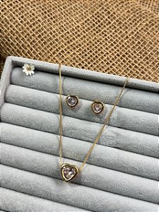 CONJUNTO CORAÇÃO CRISTAL  BANHADO A OURO