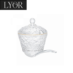 Açucareiro de Cristal Martelado com Colher e Tampa com Fio de Ouro Petra 10cm - Lyor