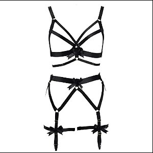 Conjunto Harness Strappy com Laços – Lingerie Fetichista e Romântica