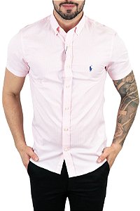 Camisa Micro-Xadrez Rosa Manga Curta