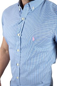 Camisa Micro-Xadrez Azul Manga Curta