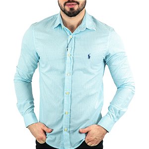 Camisa Micro-Xadrez Azul Claro