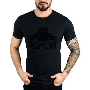Camiseta Replay Logo Flock Preto