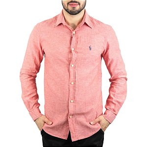 Camisa Ralph Lauren Masculina Custom Fit Oxford Red Logo Azul Marinho