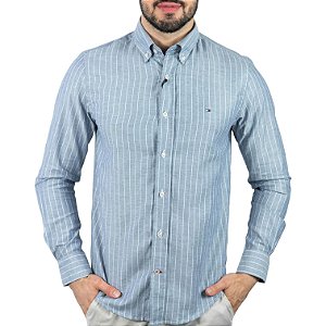 Camisa Tommy Hilfiger Custom Fit Listrada Chumbo Mescla