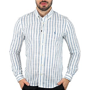 Camisa RL Linho Custom Fit Listrada Azul