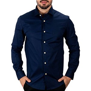 Camisa RL Slim Fit Algodão Monocromática Azul Marinho