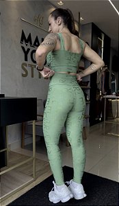 CONJUNTO FITNESS CALÇA LETRADO VERDE PISTACHE