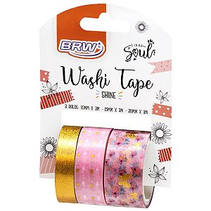 FITA ADESIVA WASHI TAPE SHINE ROSA C/3 BRW