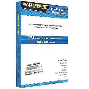PLASTICO P/ PLASTIFICACAO A4 220X307 MM 0,07 175 MICRAS C/100 FOLHAS