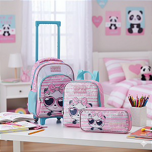 KIT ESCOLAR INFANTIL MOCHILA DE RODINHAS, LANCHEIRA E ESTOJO