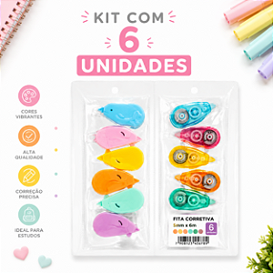 Kit 6 Fitas Corretivas 5mm x 6m Escolar Coloridas Papelaria Criativa