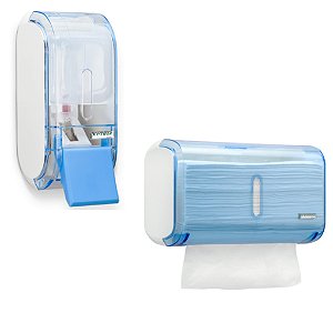 KIT DISPENSER INTERFOLHA URBAN + SABONETEIRA PARA SABONETE LÍQUIDO/ÁLCOOL AZUL