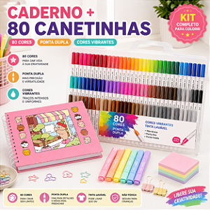 KIT LIVRO DE COLORIR ROSA+ CANETINHAS 80 CORES BRUSH BRANCA