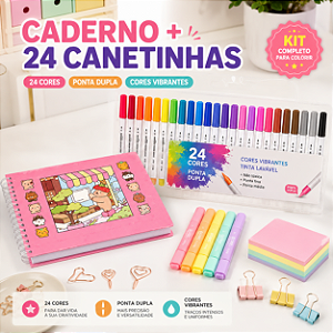 KIT LIVRO DE COLORIR ROSA + CANETINHA 24 CORES BRUSH BRANCA